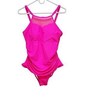 Womens Hot Pink One-Piece Swimsuit With Mesh Detail & Ruched Front Size L